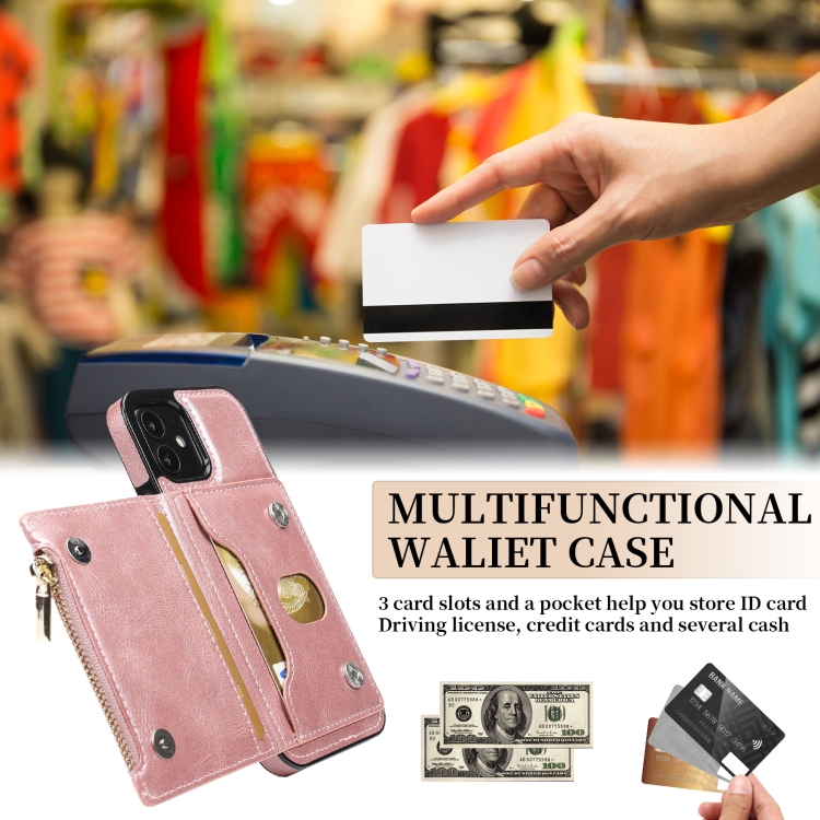 For iPhone 12 mini Zipper Wallet Bag PU Back Cover Shockrpoof Phone Case with Holder & Card Slots & Wallet (Pink) For iPhone 12 mini Zipper Wallet Bag PU Back Cover Shockrpoof Phone Case with Holder & Card Slots & Wallet (Pink)