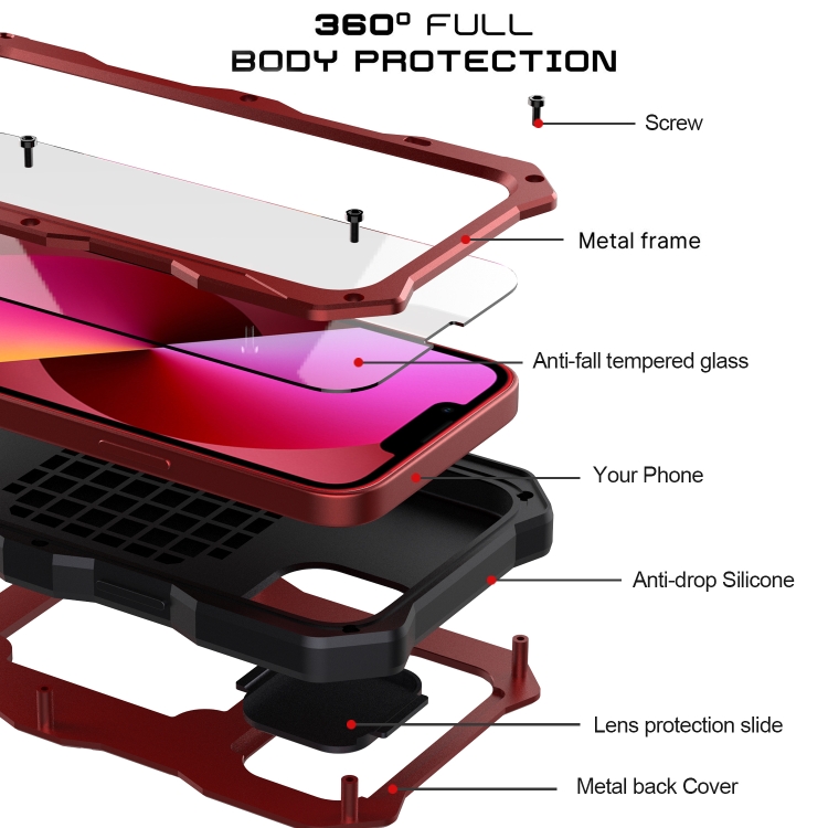 For iPhone 13 mini Camshield Shockproof Life Waterproof Dustproof Metal Case with Holder (Red) For iPhone 13 mini Camshield Shockproof Life Waterproof Dustproof Metal Case with Holder (Red)