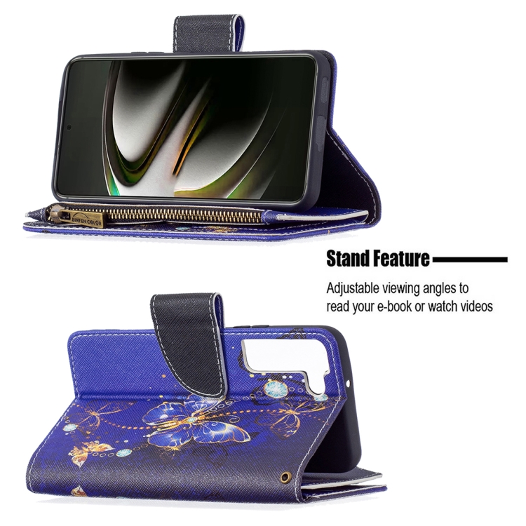 For Samsung Galaxy S22 5G Colored Drawing Pattern Zipper Horizontal Flip Phone Leather Case with Holder & Card Slots & Wallet(Purple Butterfly) For Samsung Galaxy S22 5G Colored Drawing Pattern Zipper Horizontal Flip Phone Leather Case with Holder & Card Slots & Wallet(Purple Butterfly)