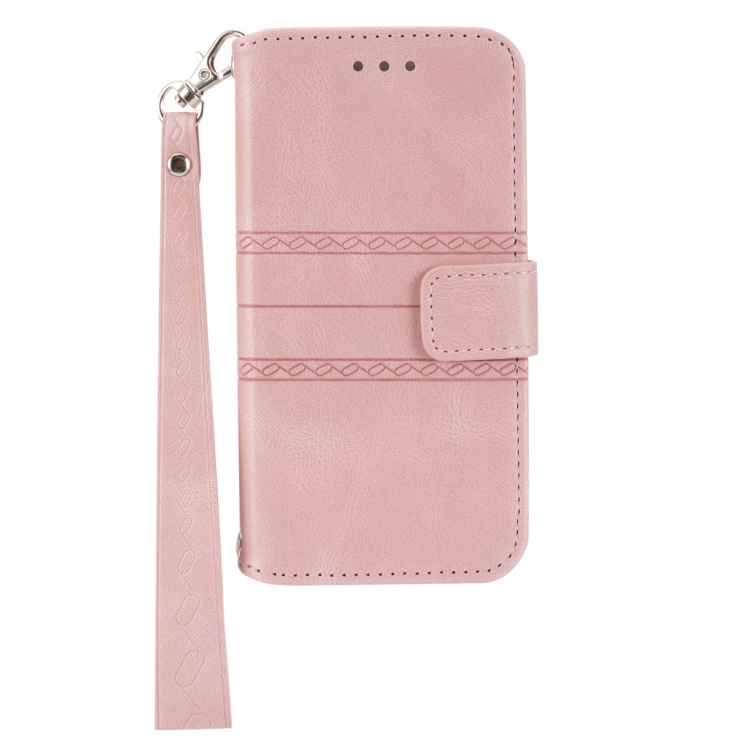 For Samaung Galaxy S22 Ultra 5G Embossed Striped Magnetic Buckle Horizontal Flip Phone Leather Case(Pink)