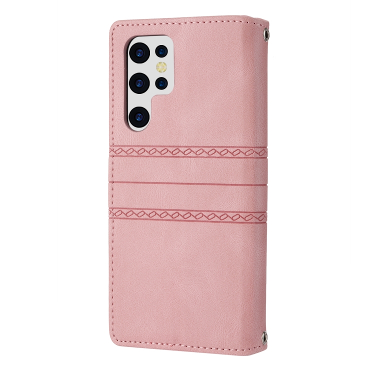 For Samaung Galaxy S22 Ultra 5G Embossed Striped Magnetic Buckle Horizontal Flip Phone Leather Case(Pink)