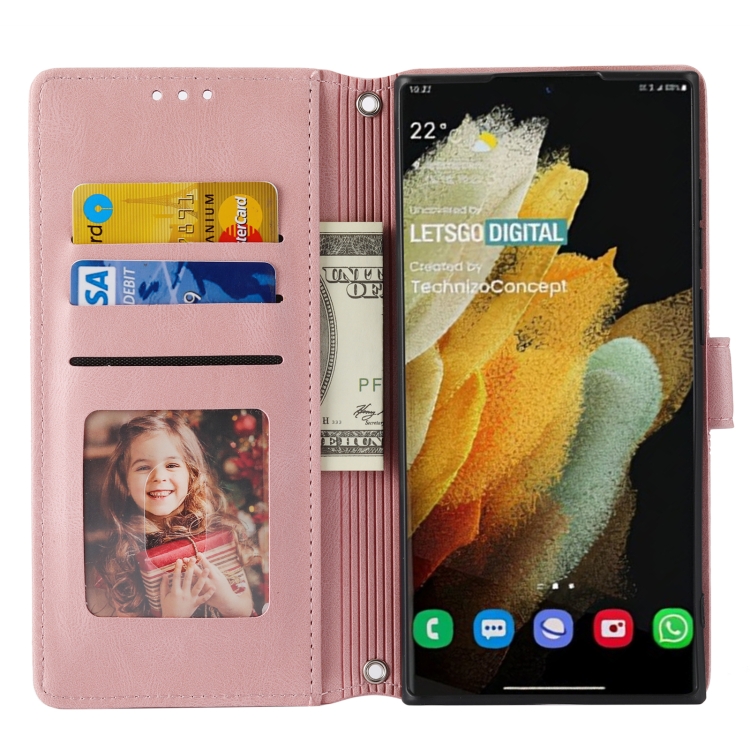 For Samaung Galaxy S22 Ultra 5G Embossed Striped Magnetic Buckle Horizontal Flip Phone Leather Case(Pink)