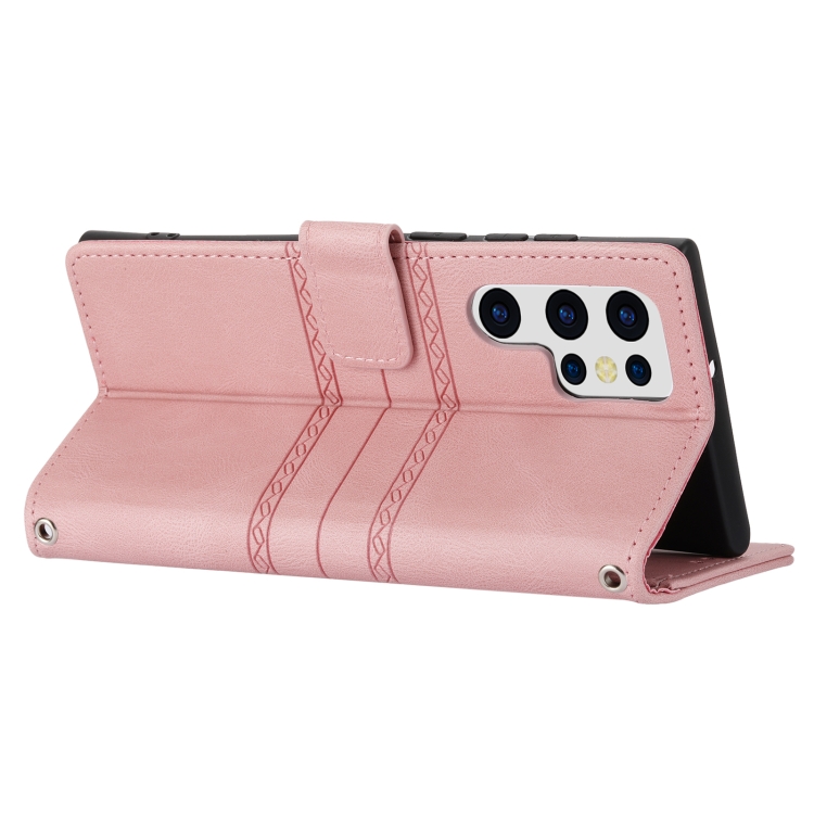 For Samaung Galaxy S22 Ultra 5G Embossed Striped Magnetic Buckle Horizontal Flip Phone Leather Case(Pink)