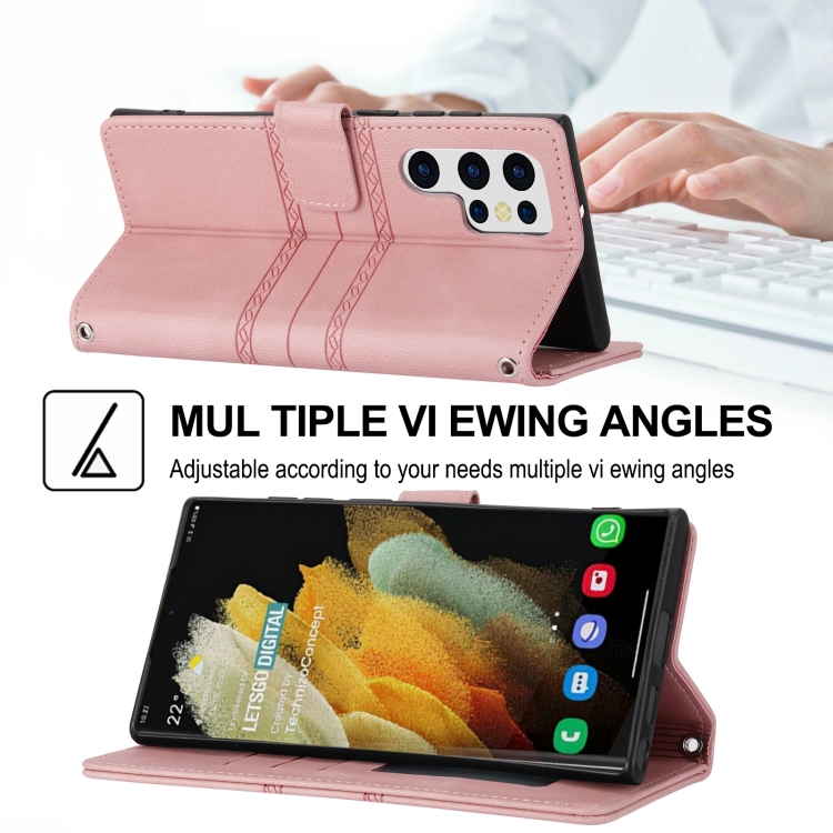 For Samaung Galaxy S22 Ultra 5G Embossed Striped Magnetic Buckle Horizontal Flip Phone Leather Case(Pink)