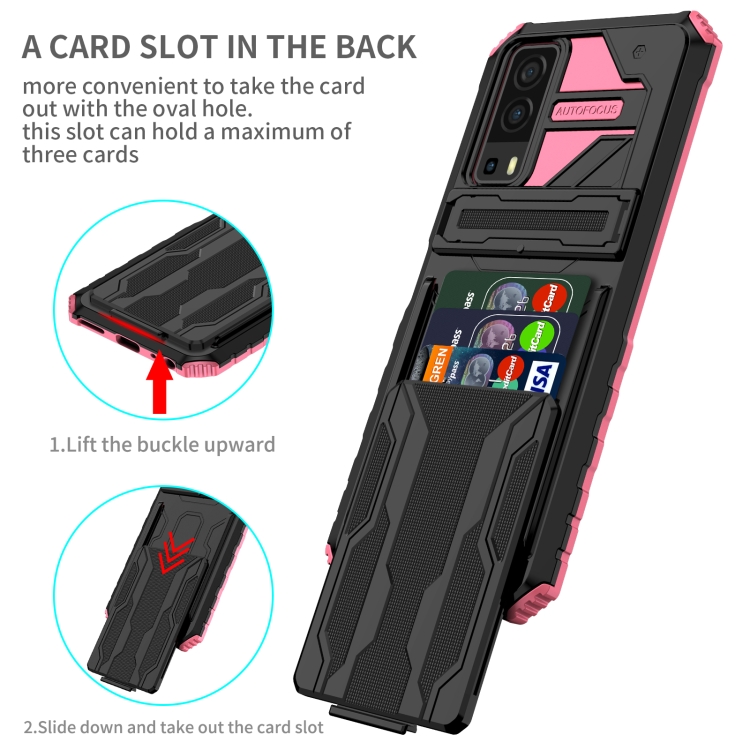 For vivo Y72 5G / Y53s Armor Card PC + TPU Shockproof Phone Case with Card Slot & Invisible Holder(Pink) - 1