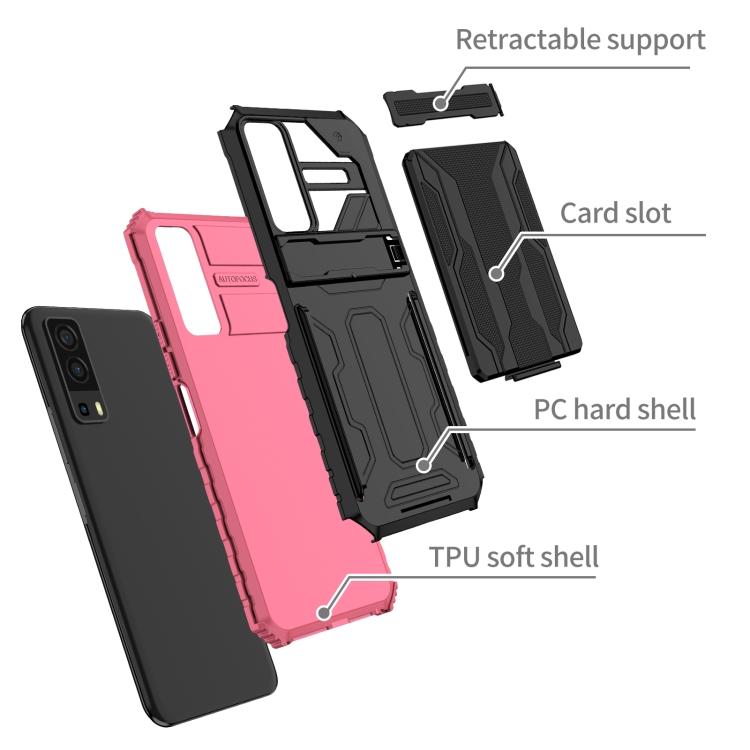 For vivo Y72 5G / Y53s Armor Card PC + TPU Shockproof Phone Case with Card Slot & Invisible Holder(Pink) - 2