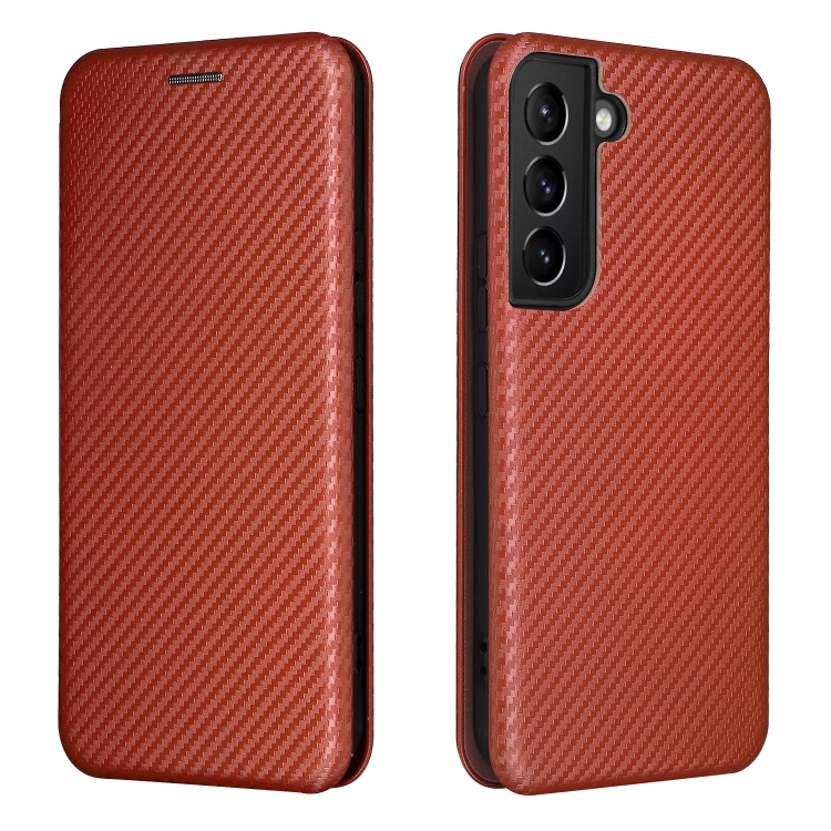For Samsung Galaxy S22 Carbon Fiber Texture Magnetic Horizontal Flip Leather Phone Case(Brown) - 1