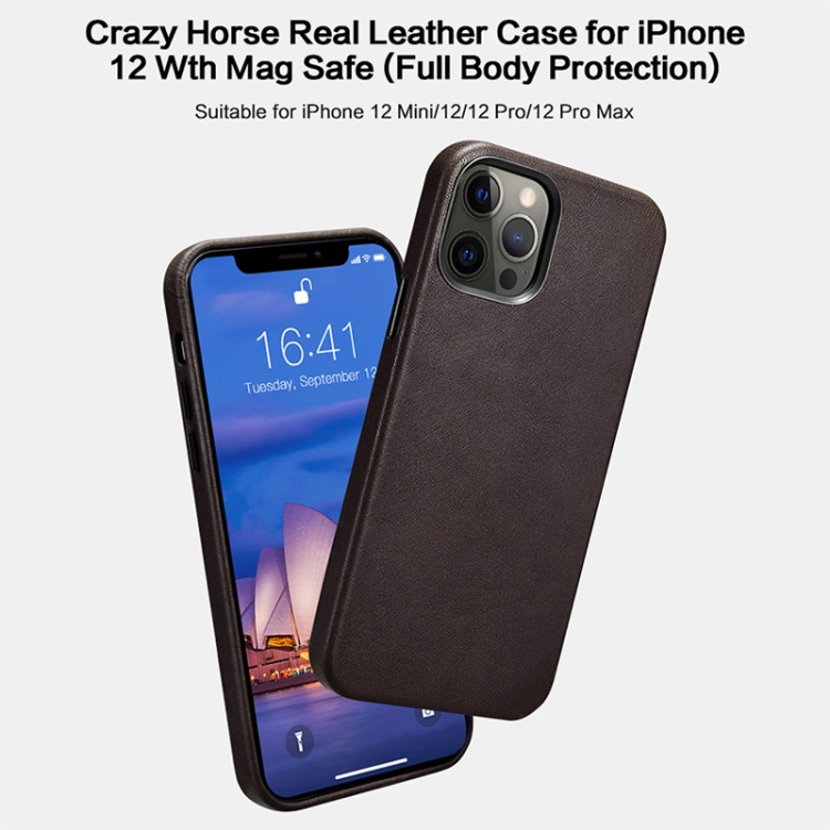 ICARER Crazy Horse Texture MagSafe Magnetic Four-coverage Cowhide Phone Case For iPhone 12 Pro Max(Coffee) - B1