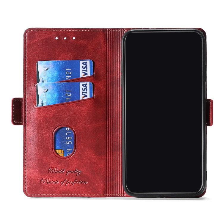For OnePlus 9RT 5G Retro Texture Contrast Color Side Buckle Horizontal Flip Leather Phone Case with Holder & Card Slots & Wallet(Red+Black) - 2