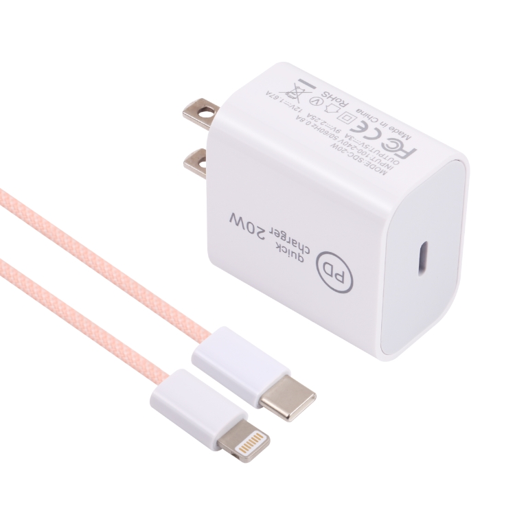 SDC-20W PD USB-C / Type-C Travel Charger + 1m 20W USB-C / Type-C to 8 Pin Data Cable Set, US Plug(Pink) - 1