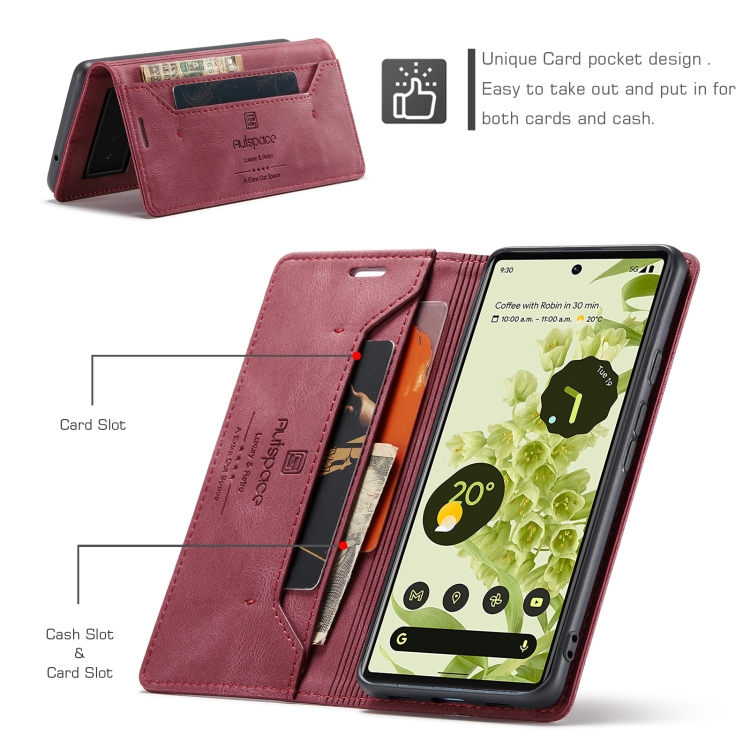 For Google Pixel 6 AutSpace A01 Retro Skin-feel Crazy Horse Texture Horizontal Flip Leather Case with Holder & Card Slots & Wallet & RFID(Wine Red) - 3