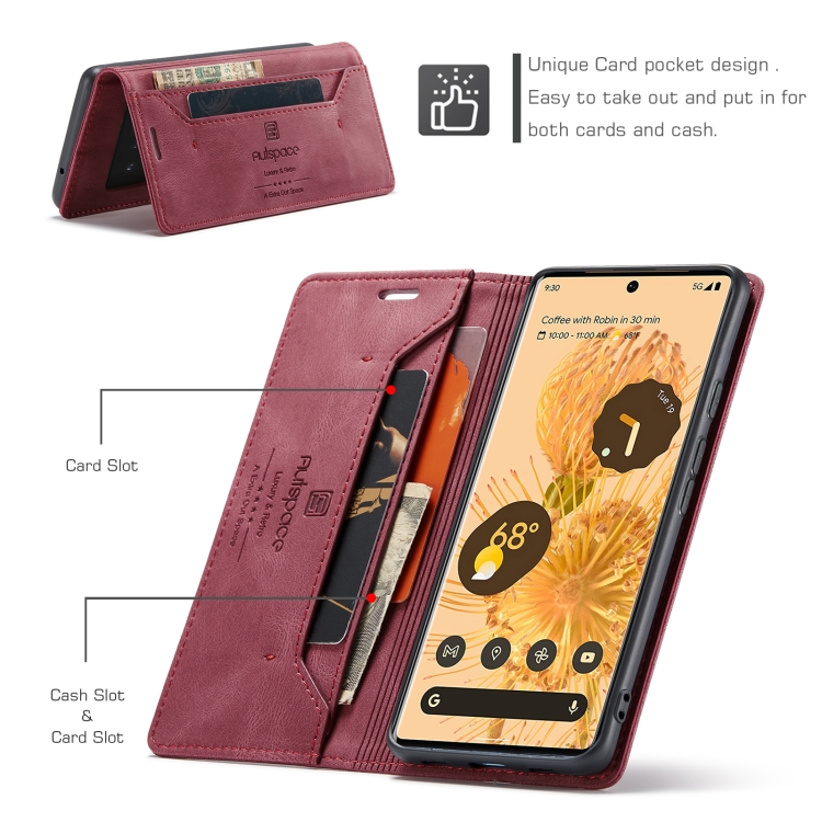 For Google Pixel 6 Pro AutSpace A01 Retro Skin-feel Crazy Horse Texture Horizontal Flip Leather Case with Holder & Card Slots & Wallet & RFID(Wine Red) - 3