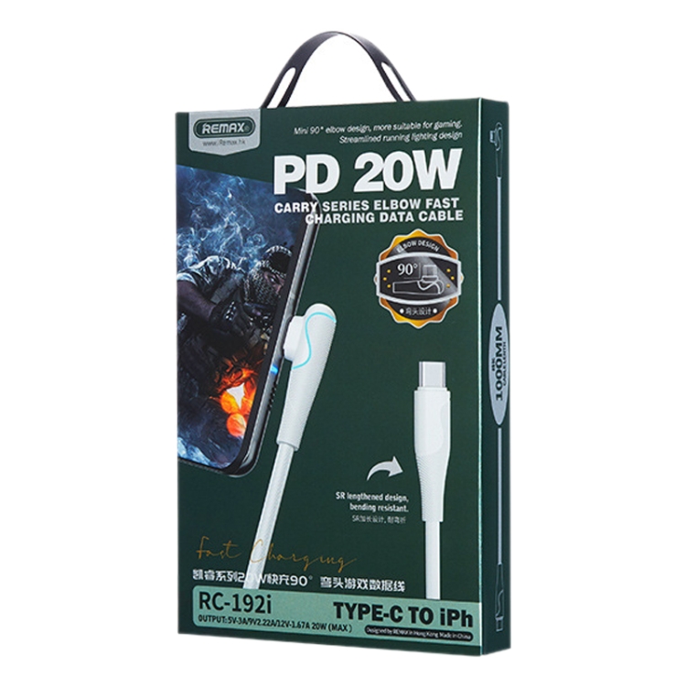 REMAX RC-192i Carrie Series PD 20W USB-C / Type-C to 8 Pin 90 Degree Elbow Fast Charging Gaming Data Cable, Cable Length: 1m(White)