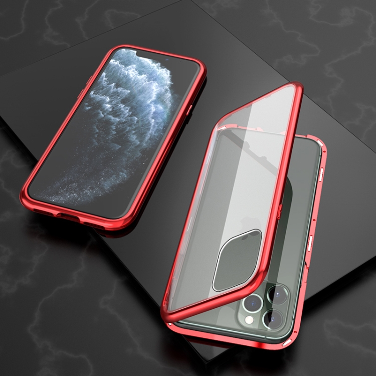 For iPhone 11 Pro Ultra Slim Single Sides Magnetic Adsorption Angular Frame Tempered Glass Magnet Flip Case(Red) For iPhone 11 Pro Ultra Slim Single Sides Magnetic Adsorption Angular Frame Tempered Glass Magnet Flip Case(Red)