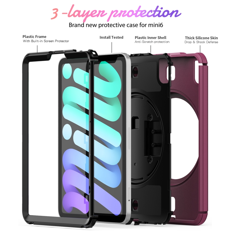 For iPad mini 6 Shockproof TPU + PC Tablet Case with Holder & Pen Slot & Shoulder Strap(Dark Rose Red) For iPad mini 6 Shockproof TPU + PC Tablet Case with Holder & Pen Slot & Shoulder Strap(Dark Rose Red)