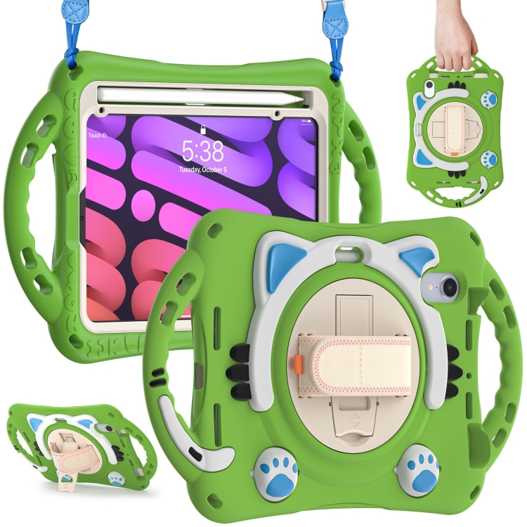 For iPad mini 6 / mini 2024 Cute Cat King Kids Shockproof Silicone Tablet Case with Holder & Shoulder Strap & Handle(Green) For iPad mini 6 / mini 2024 Cute Cat King Kids Shockproof Silicone Tablet Case with Holder & Shoulder Strap & Handle(Green)