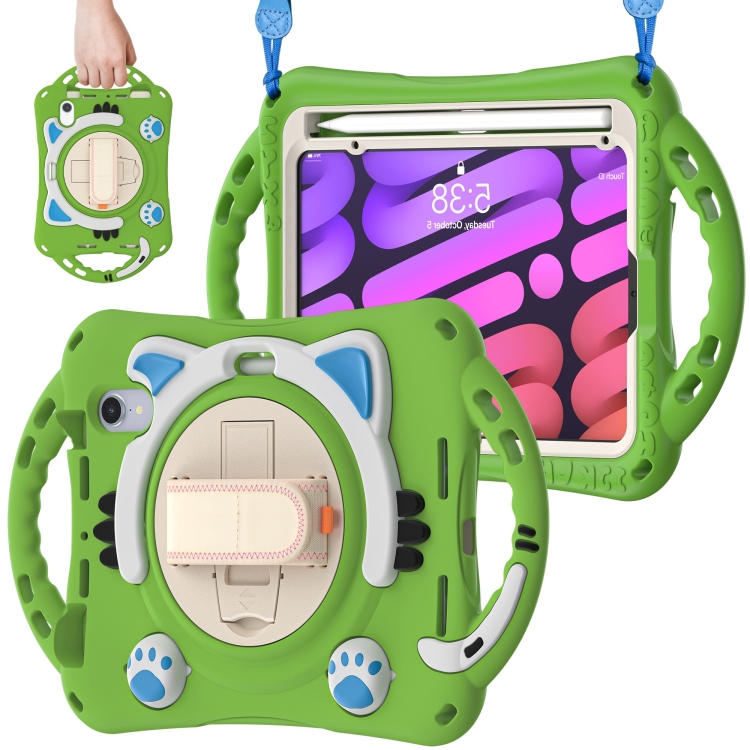 For iPad mini 6 / mini 2024 Cute Cat King Kids Shockproof Silicone Tablet Case with Holder & Shoulder Strap & Handle(Green) For iPad mini 6 / mini 2024 Cute Cat King Kids Shockproof Silicone Tablet Case with Holder & Shoulder Strap & Handle(Green)