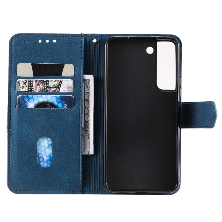 For Samsung Galaxy S22 5G Three-color Stitching Calf Texture Horizontal Flip Phone Leather Case with Holder & Card Slots & Wallet(Blue) For Samsung Galaxy S22 5G Three-color Stitching Calf Texture Horizontal Flip Phone Leather Case with Holder & Card Slots & Wallet(Blue)
