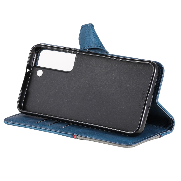 For Samsung Galaxy S22 5G Three-color Stitching Calf Texture Horizontal Flip Phone Leather Case with Holder & Card Slots & Wallet(Blue) For Samsung Galaxy S22 5G Three-color Stitching Calf Texture Horizontal Flip Phone Leather Case with Holder & Card Slots & Wallet(Blue)