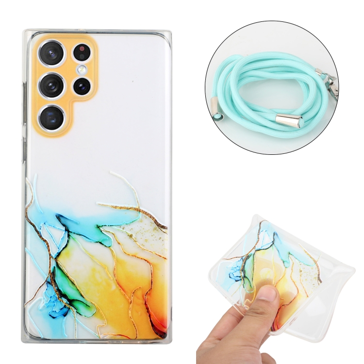 For Samsung Galaxy S22 Ultra 5G Hollow Marble Pattern TPU Shockproof Phone Case with Neck Strap Rope(Yellow) For Samsung Galaxy S22 Ultra 5G Hollow Marble Pattern TPU Shockproof Phone Case with Neck Strap Rope(Yellow)
