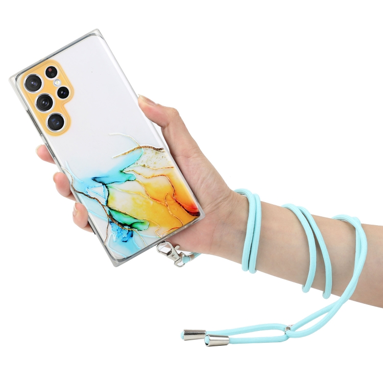 For Samsung Galaxy S22 Ultra 5G Hollow Marble Pattern TPU Shockproof Phone Case with Neck Strap Rope(Yellow) For Samsung Galaxy S22 Ultra 5G Hollow Marble Pattern TPU Shockproof Phone Case with Neck Strap Rope(Yellow)