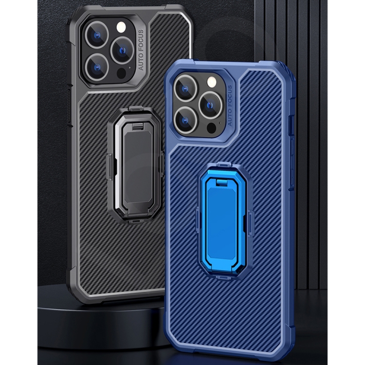 For iPhone 13 mini Carbon Fiber Texture Phone Case with Holder (Blue+Black) For iPhone 13 mini Carbon Fiber Texture Phone Case with Holder (Blue+Black)