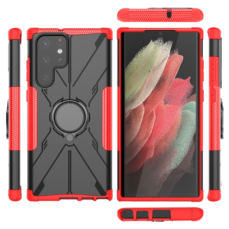 For Samsung Galaxy S22 Ultra 5G Armor Bear Shockproof PC + TPU Phone Case with Ring Holder(Red)