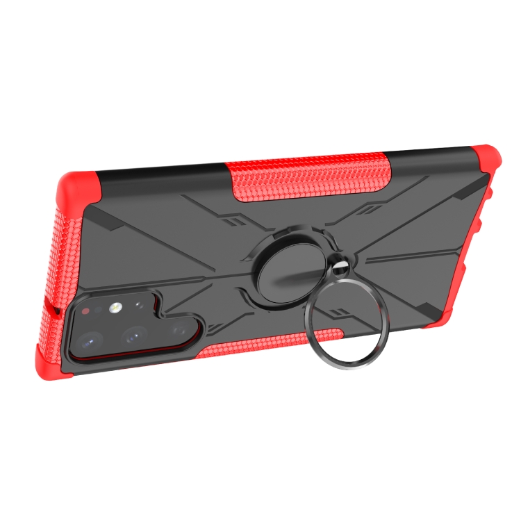 For Samsung Galaxy S22 Ultra 5G Armor Bear Shockproof PC + TPU Phone Case with Ring Holder(Red)