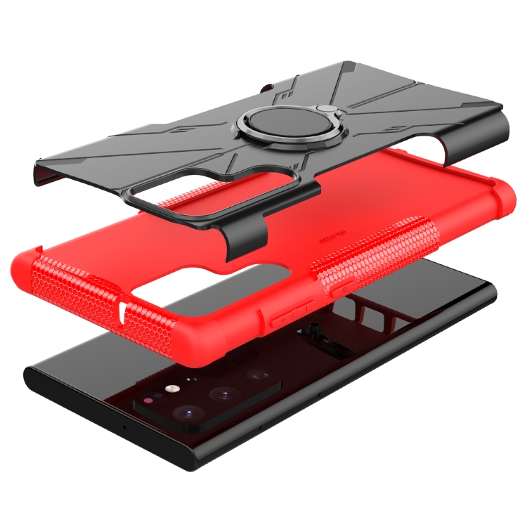 For Samsung Galaxy S22 Ultra 5G Armor Bear Shockproof PC + TPU Phone Case with Ring Holder(Red)