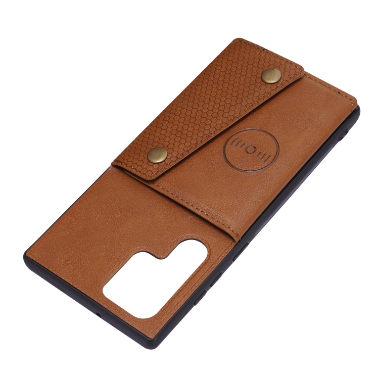 For Samsung Galaxy S22 Ultra 5G Double Buckle PU + TPU Magnetic Phone Case(Brown) - 3