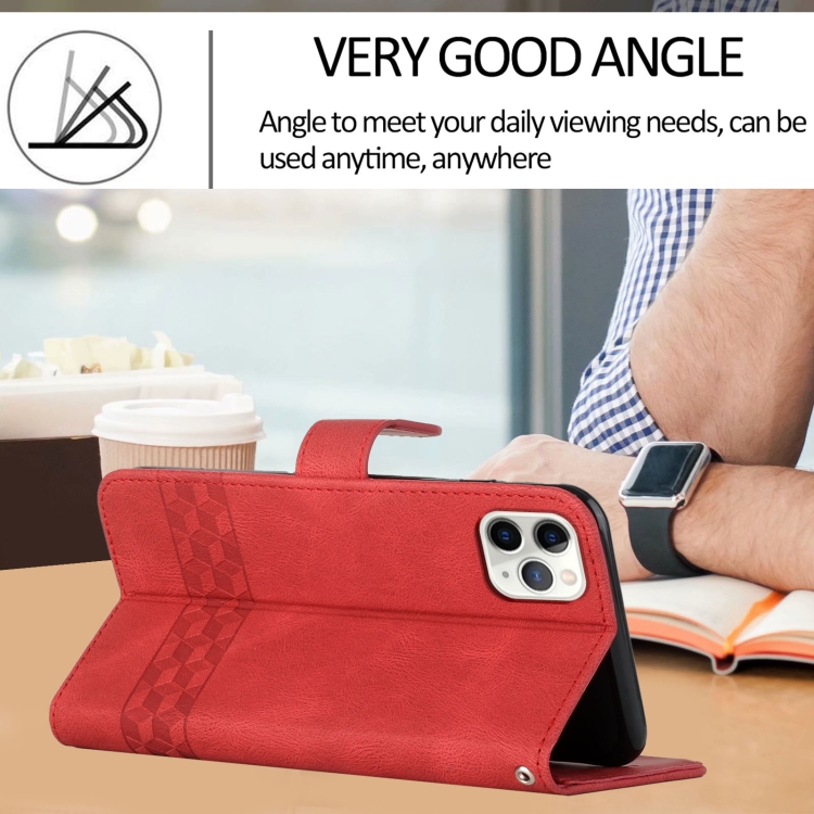 For iPhone 11 Pro Max Cubic Skin Feel Flip Leather Phone Case (Red)