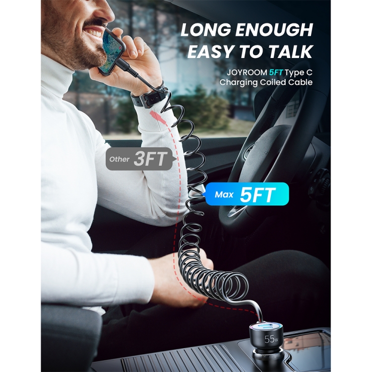 JOYROOM JR-CL07 3 in 1 55W PD USB-C / Type-C + USB Interface Car Charger with USB-C / Type-C Spring Data Cable(Black) JOYROOM JR-CL07 3 in 1 55W PD USB-C / Type-C + USB Interface Car Charger with USB-C / Type-C Spring Data Cable(Black)