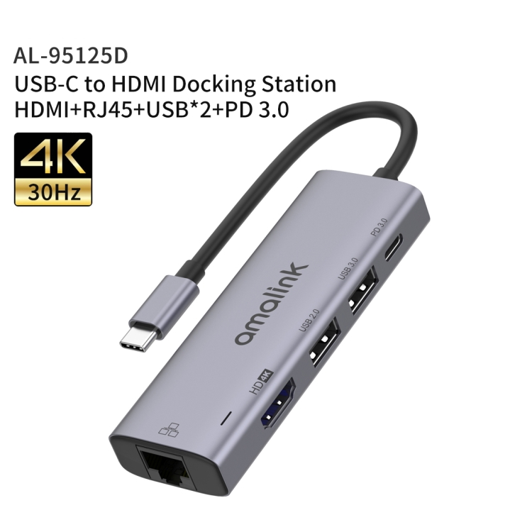 amalink 95125d tipo-C / USB-C a HDMI + RJ45 + 2 puertos USB + PD 3.0 Hub multifunción (gris) - 1