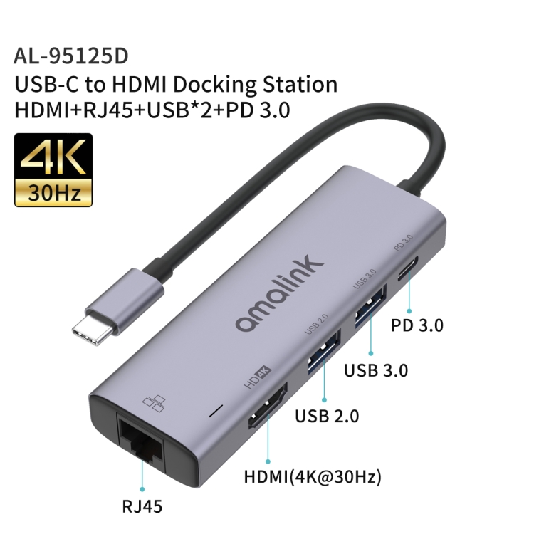 amalink 95125d tipo-C / USB-C a HDMI + RJ45 + 2 puertos USB + PD 3.0 Hub multifunción (gris) - 2