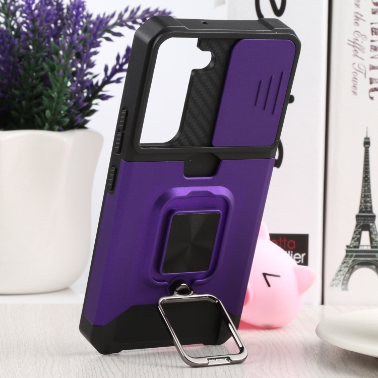 For Samsung Galaxy S22 5G Sliding Camera Cover Design PC + TPU Shockproof Phone Case with Ring Holder & Card Slot(Purple) For Samsung Galaxy S22 5G Sliding Camera Cover Design PC + TPU Shockproof Phone Case with Ring Holder & Card Slot(Purple)