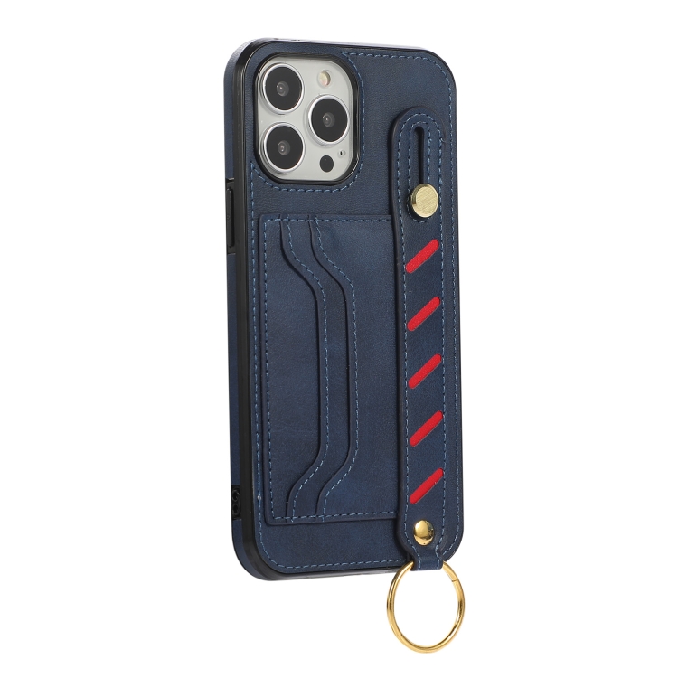 For iPhone 13 Pro Wristband Wallet Leather Phone Case (Blue)