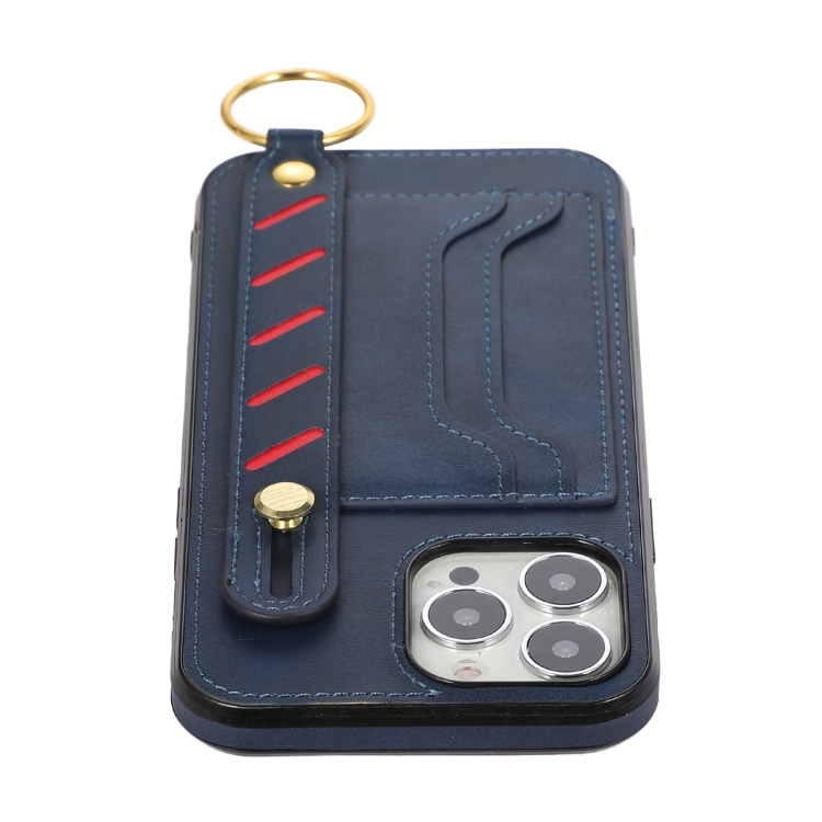 For iPhone 13 Pro Wristband Wallet Leather Phone Case (Blue)