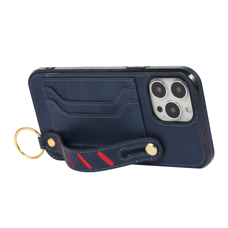 For iPhone 13 Pro Wristband Wallet Leather Phone Case (Blue)
