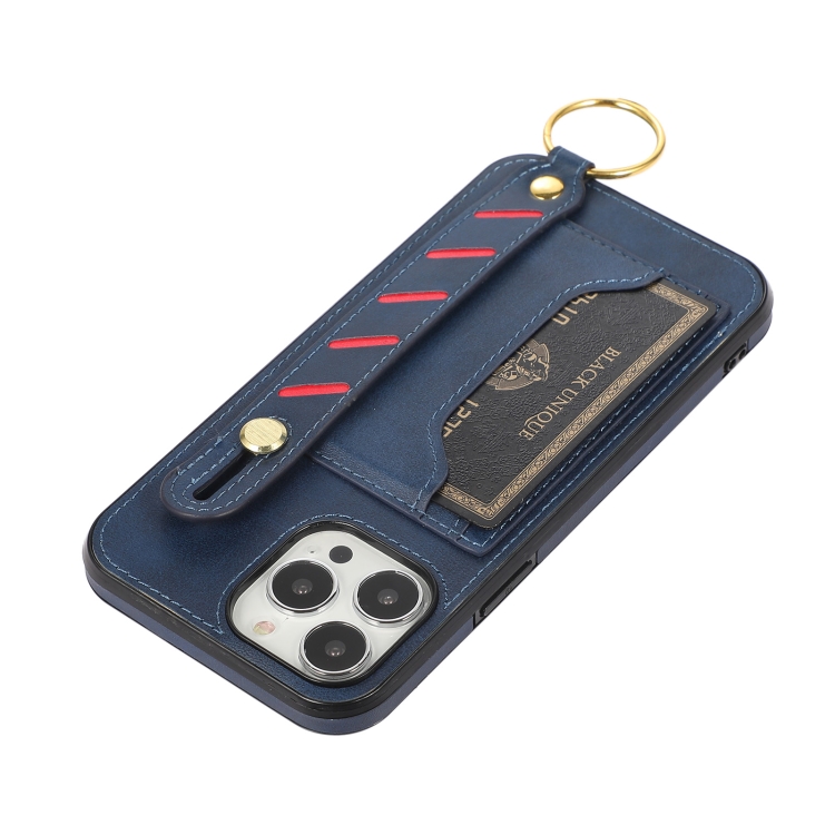 For iPhone 13 Pro Wristband Wallet Leather Phone Case (Blue)