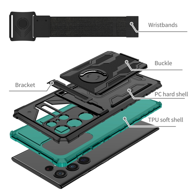 For Samsung Galaxy S22 Ultra 5G Armor Wristband Phone Case(Deep Green) For Samsung Galaxy S22 Ultra 5G Armor Wristband Phone Case(Deep Green)