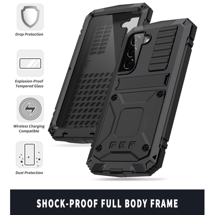 For Samsung Galaxy S22 5G R-JUST Metal + Silicone Holder Phone Case(Black) For Samsung Galaxy S22 5G R-JUST Metal + Silicone Holder Phone Case(Black)