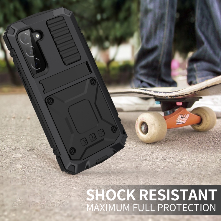 For Samsung Galaxy S22 5G R-JUST Metal + Silicone Holder Phone Case(Black) For Samsung Galaxy S22 5G R-JUST Metal + Silicone Holder Phone Case(Black)
