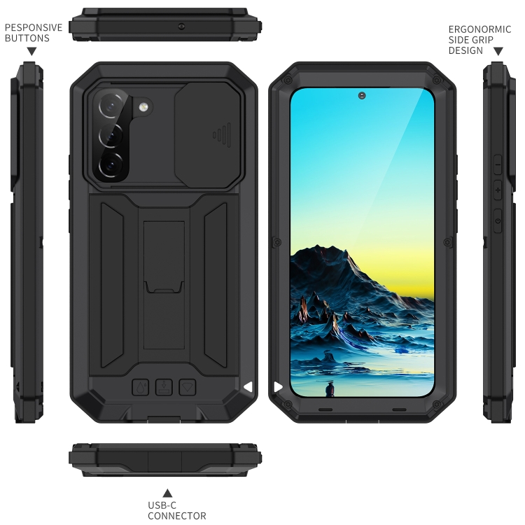 For Samsung Galaxy S22+ 5G R-JUST Sliding Camera Metal + Silicone Holder Phone Case(Black) For Samsung Galaxy S22+ 5G R-JUST Sliding Camera Metal + Silicone Holder Phone Case(Black)