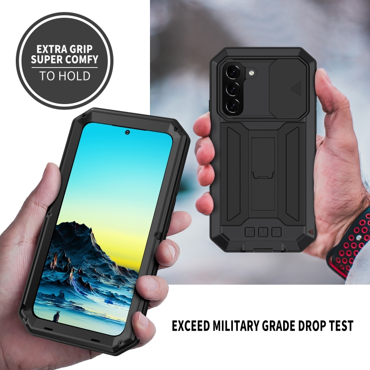 For Samsung Galaxy S22+ 5G R-JUST Sliding Camera Metal + Silicone Holder Phone Case(Black) For Samsung Galaxy S22+ 5G R-JUST Sliding Camera Metal + Silicone Holder Phone Case(Black)
