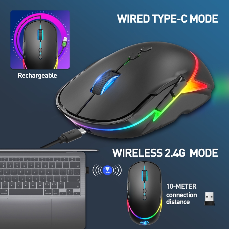 HXSJ T200 2.4G 3200DPI Ajustable 7-Keys RGB Light Wireless Mouse (Negro) - 1