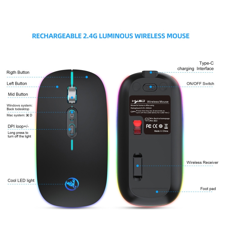 HXSJ M103FG 1600 DPI Ajustable 2.4G RGB Light Wireless Mouse (Negro) - 7