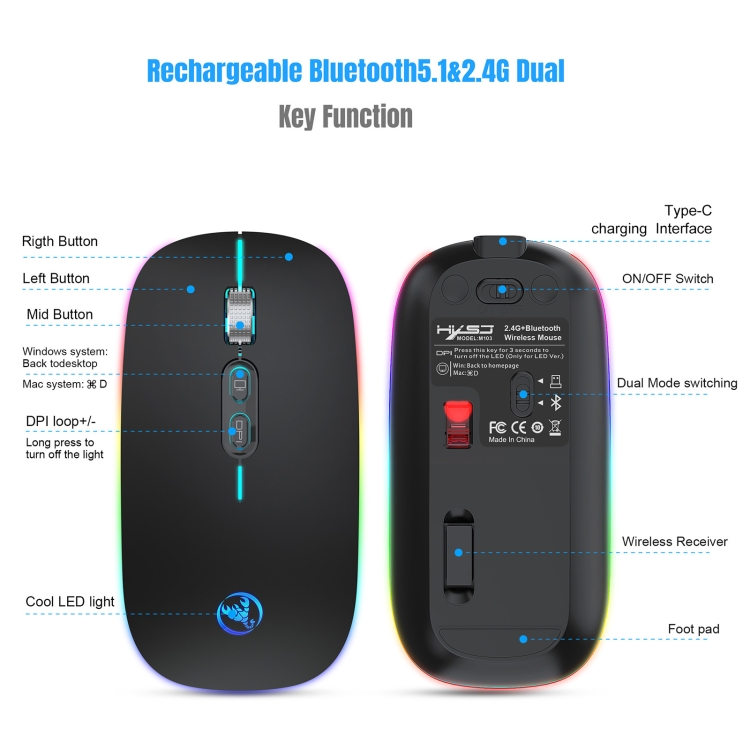 HXSJ M103FG 1600DPI Ajustable 2.4G + Bluetooth RGB Light Wireless Mouse (Negro) - 7