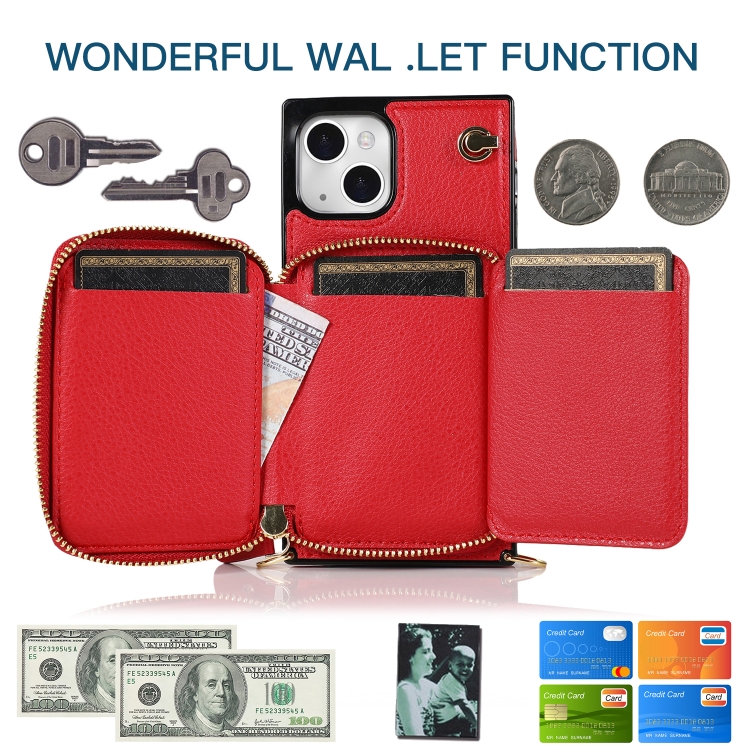 For iPhone 13 mini Cross-body Zipper Big Wallet Bag Square TPU + PU Back Phone Case with Holder (Red) For iPhone 13 mini Cross-body Zipper Big Wallet Bag Square TPU + PU Back Phone Case with Holder (Red)