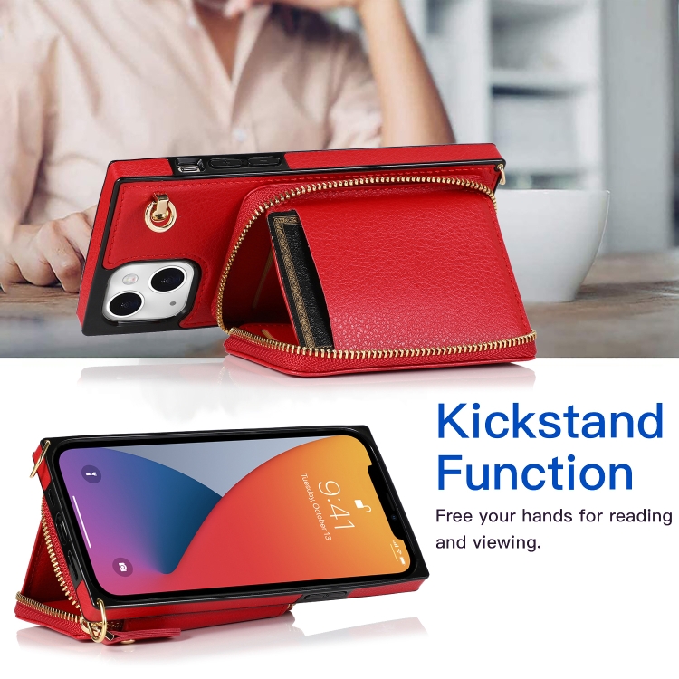 For iPhone 13 mini Cross-body Zipper Big Wallet Bag Square TPU + PU Back Phone Case with Holder (Red) For iPhone 13 mini Cross-body Zipper Big Wallet Bag Square TPU + PU Back Phone Case with Holder (Red)