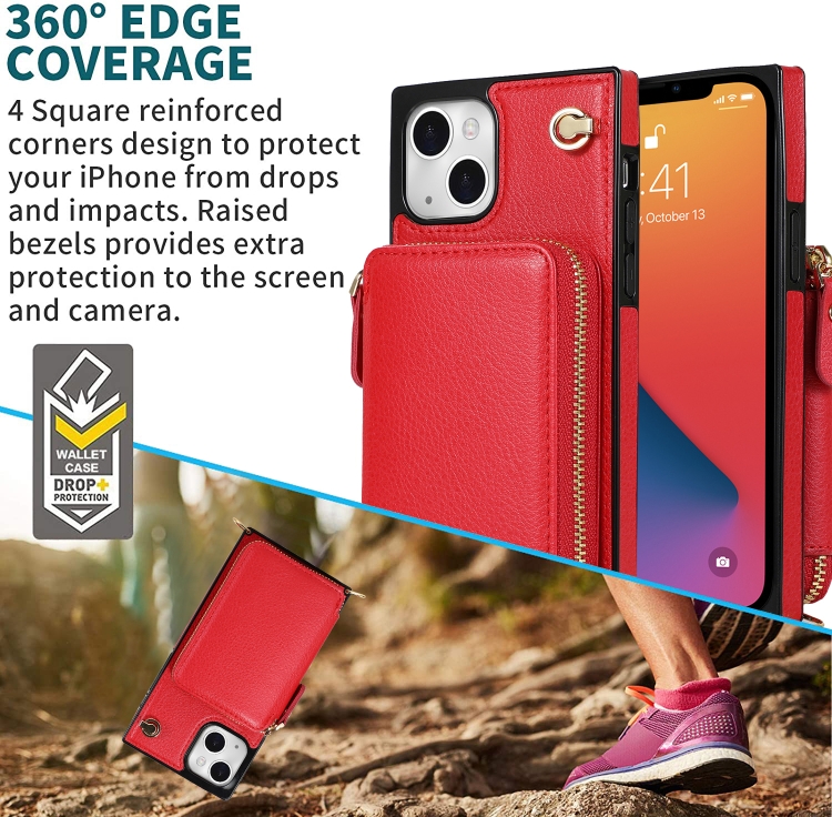 For iPhone 13 mini Cross-body Zipper Big Wallet Bag Square TPU + PU Back Phone Case with Holder (Red) For iPhone 13 mini Cross-body Zipper Big Wallet Bag Square TPU + PU Back Phone Case with Holder (Red)